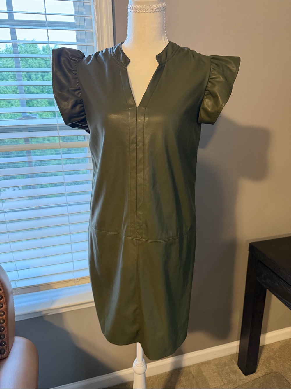 THML Olive Green Faux Leather Puff-Sleeve Shift Dress